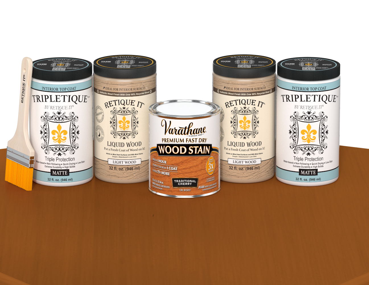 64 oz Retique It Liquid Wood kit with Traditional Cherry stain, matte Tripletique topcoat, and a paintbrush on a matching finished tabletop.