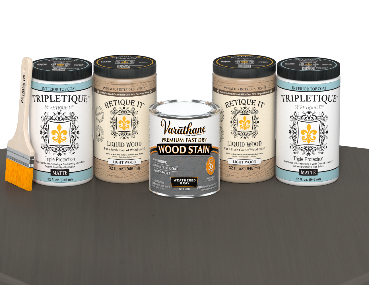 64 oz Retique It Liquid Wood kit with Weathered Gray stain, matte Tripletique topcoat, and a paintbrush on a matching finished tabletop.