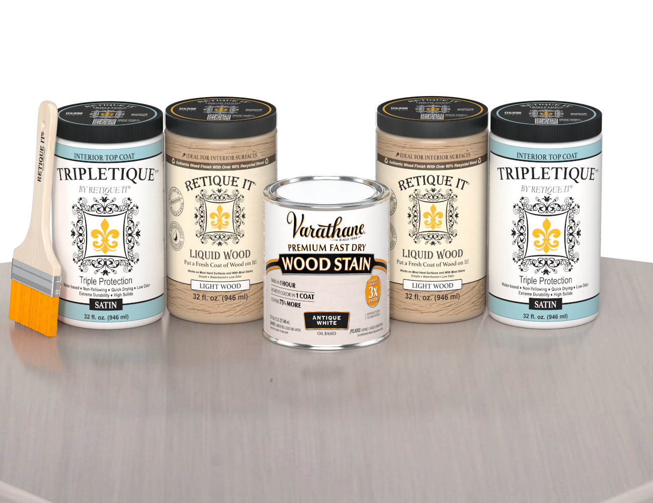 64 oz Retique It Liquid Wood kit with Antique White stain, satin Tripletique topcoat, and a paintbrush on a matching finished tabletop.