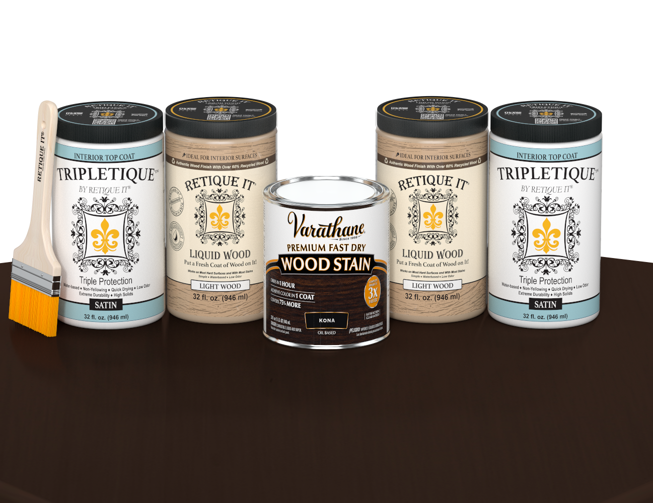 64 oz Retique It Liquid Wood kit with Kona stain, satin Tripletique topcoat, and a paintbrush on a matching finished tabletop.