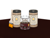64 oz Retique It Liquid Wood kit with Varathane Black Cherry stain and a paintbrush on a matching finished tabletop.