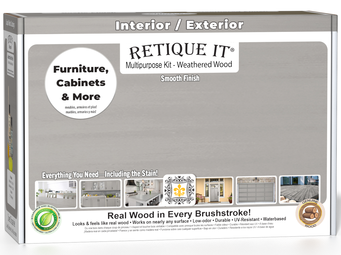 Retique It® wood finish kit with weathered wood interior top coat, featuring smooth finish application in a box with tools and sample boards.
