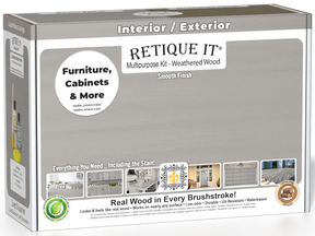 Retique It® wood finish kit for weathered wood interior projects, featuring smooth top coat application and weathered wood effects.