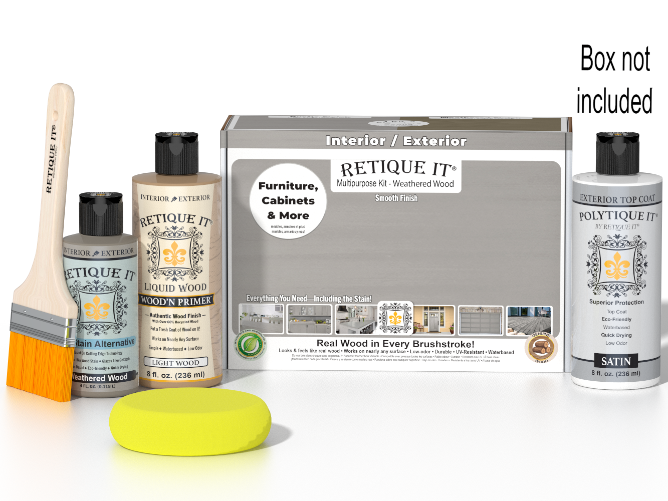 Retique It® Wood'n Finish Kit in Weathered Wood for exterior projects, featuring a smooth finish top coat and wood restoration supplies.