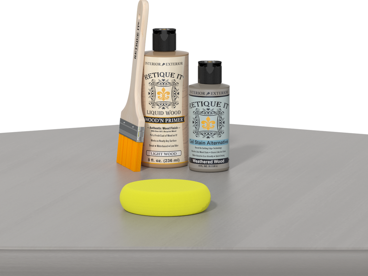 Retique It® Wood'n Finish Kit in Weathered Wood, a multi-purpose smooth finish kit for wood furniture and decor projects.