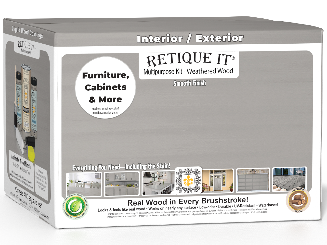 Retique It Multi-purpose Smooth Finish Kit in Weathered Wood for exterior wood surfaces, includes four large top coat containers.