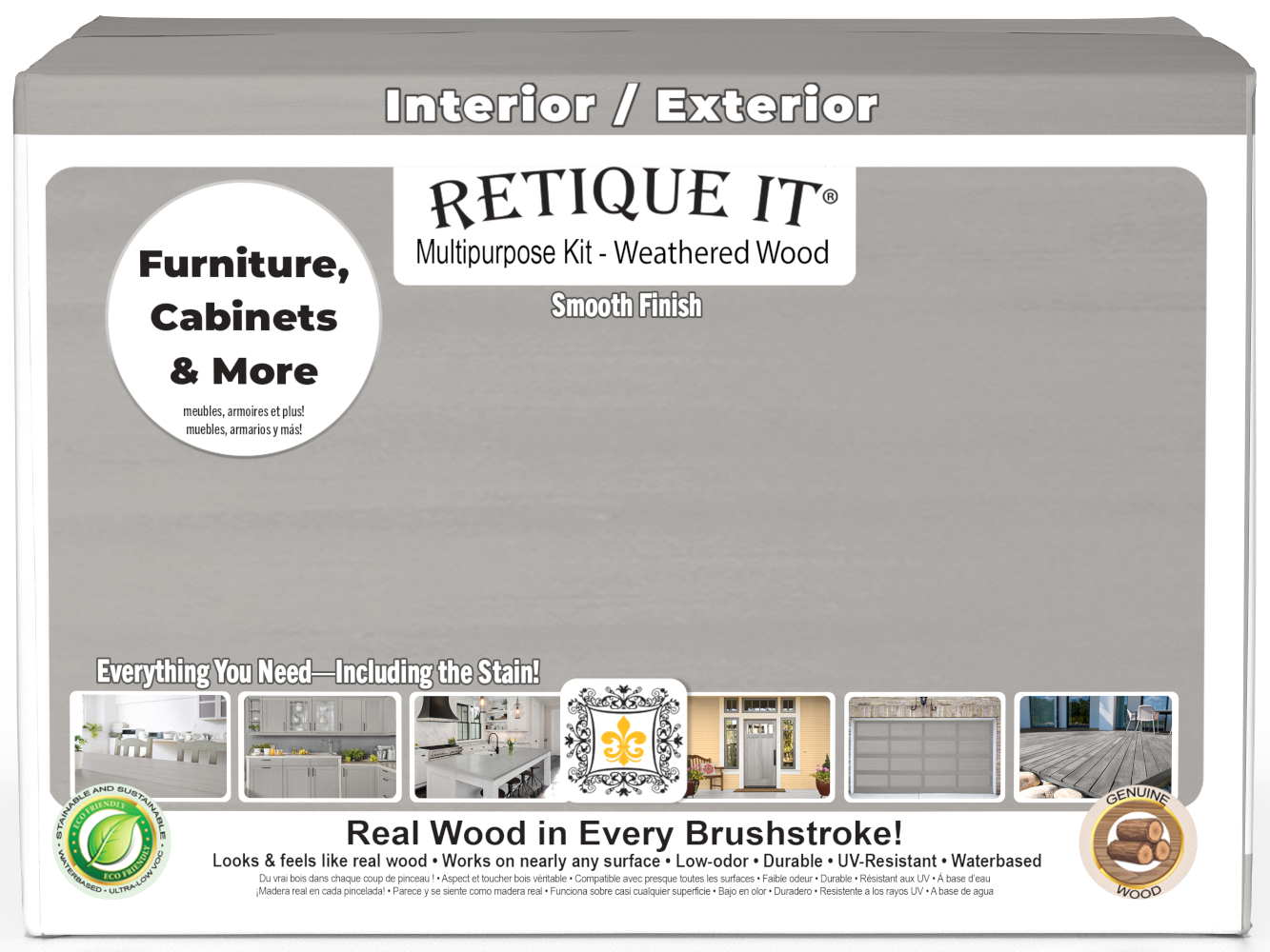 Retique It Multi-purpose Smooth Finish Kit in Weathered Wood for exterior wood surfaces, includes four large top coat containers.