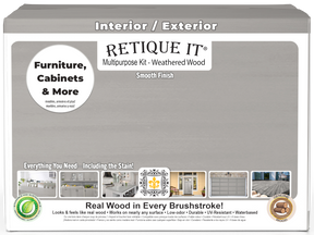 Retique It Multi-purpose Smooth Finish Kit in Weathered Wood for exterior wood surfaces, includes four large top coat containers.