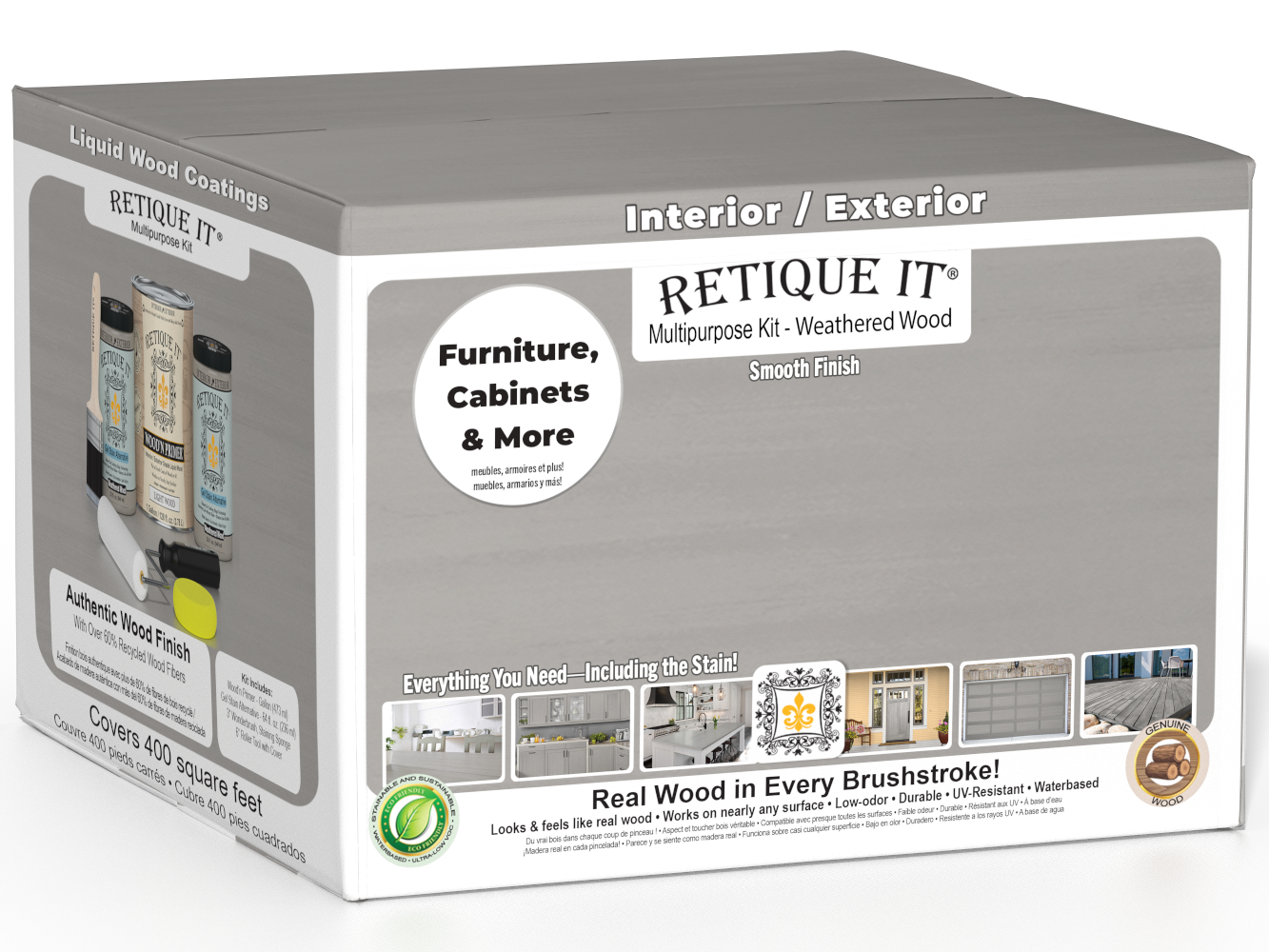 Retique It Weathered Wood Multi-purpose Smooth Finish Kit (4x Large) exterior top coat with weathered wood look, for wood surfaces.