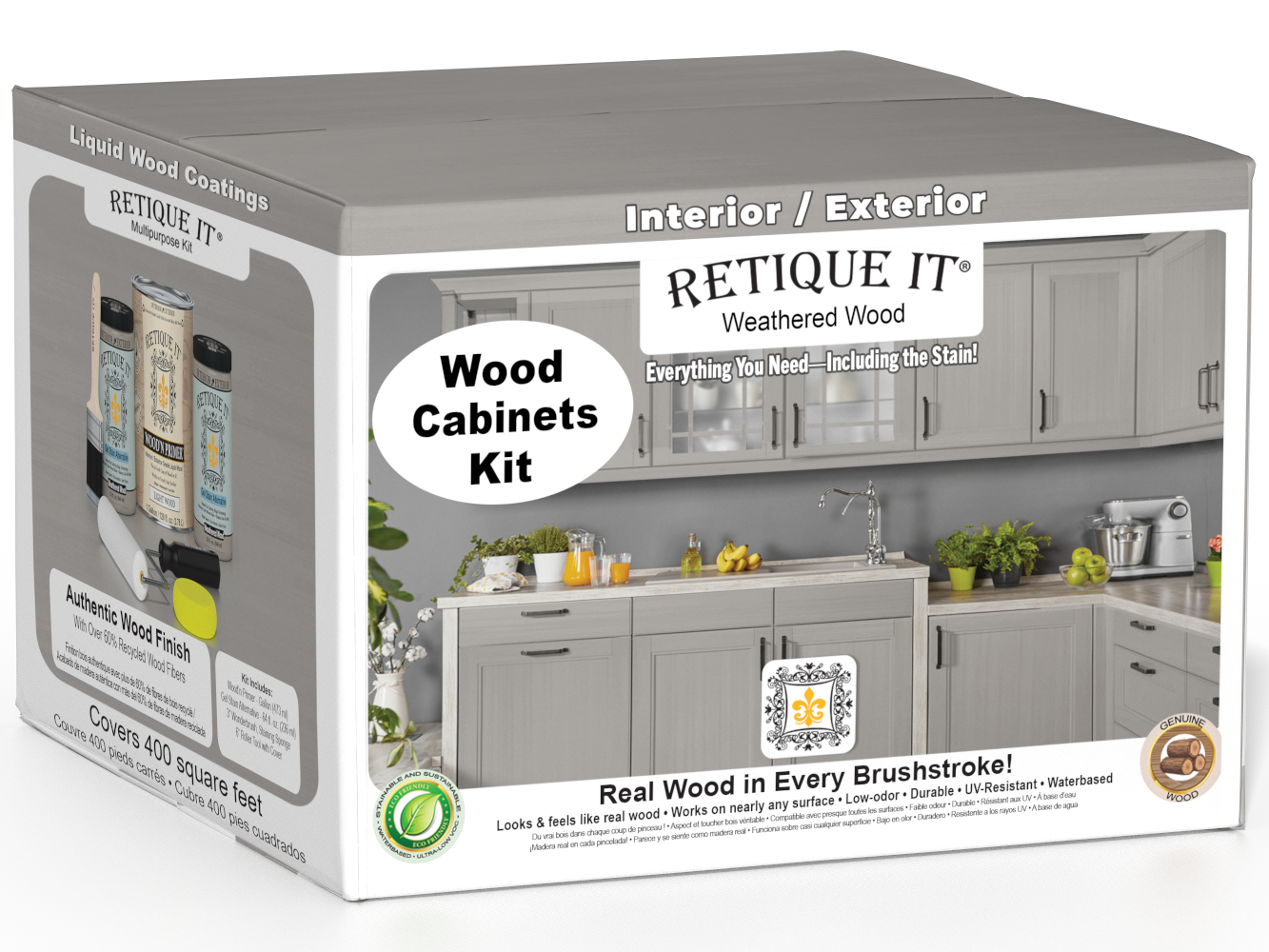 Weathered wood stain kit for cabinets with 48 smooth doors from Retique It® Wood'n Cabinet Kit series.