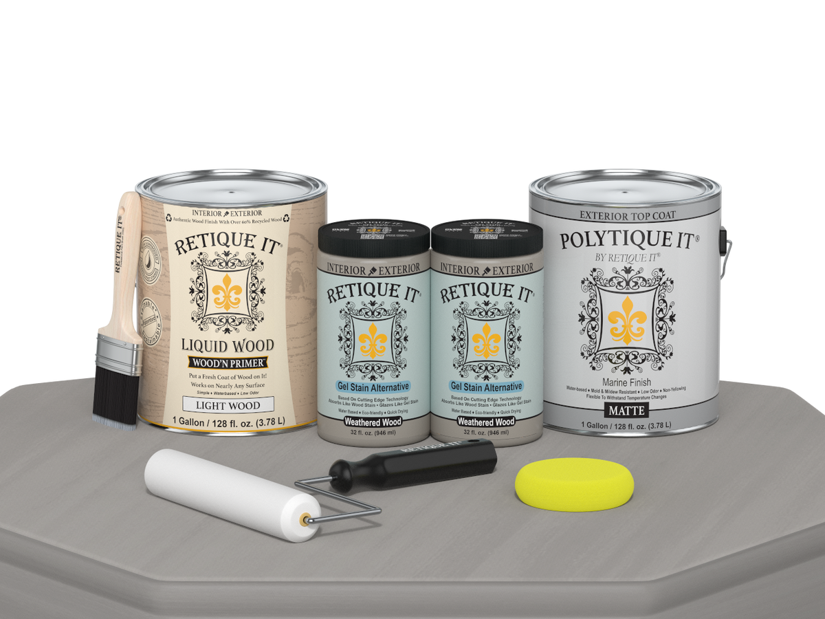 Retique It® Weathered Wood exterior top coat kit with four large containers of smooth finish for wood furniture and surfaces.