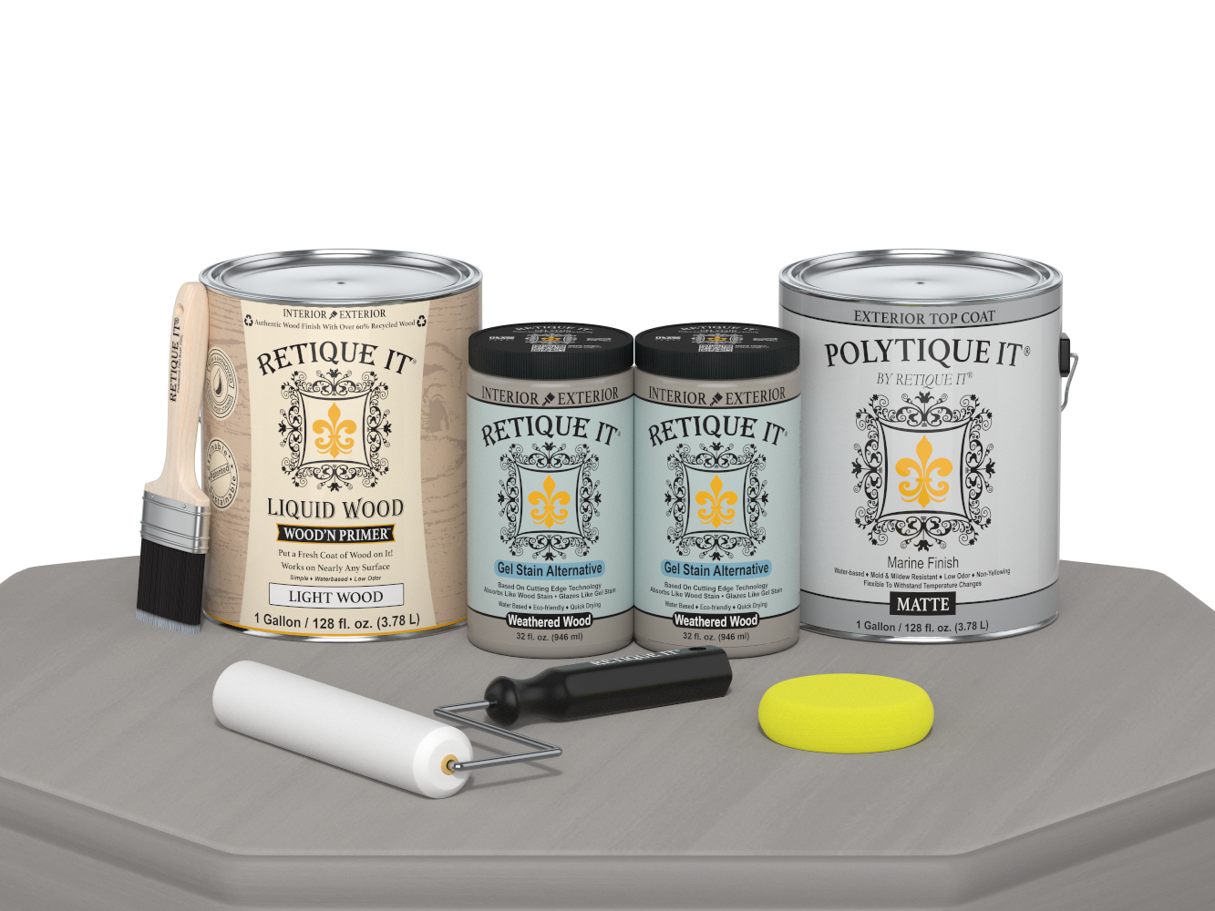 Retique It Weathered Wood exterior top coat kit with four large containers of smooth finish for wood furniture and surfaces.