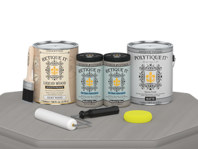 Retique It Weathered Wood exterior top coat kit with four large containers of smooth finish for wood furniture and surfaces.