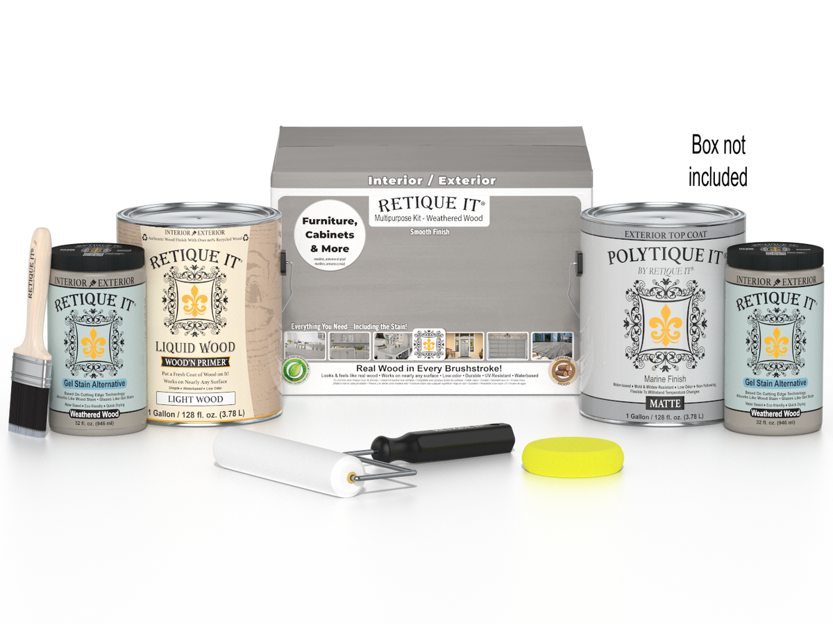 Retique It® Weathered Wood Multi-purpose Smooth Finish Kit with four large exterior top coat containers for wood finishing.