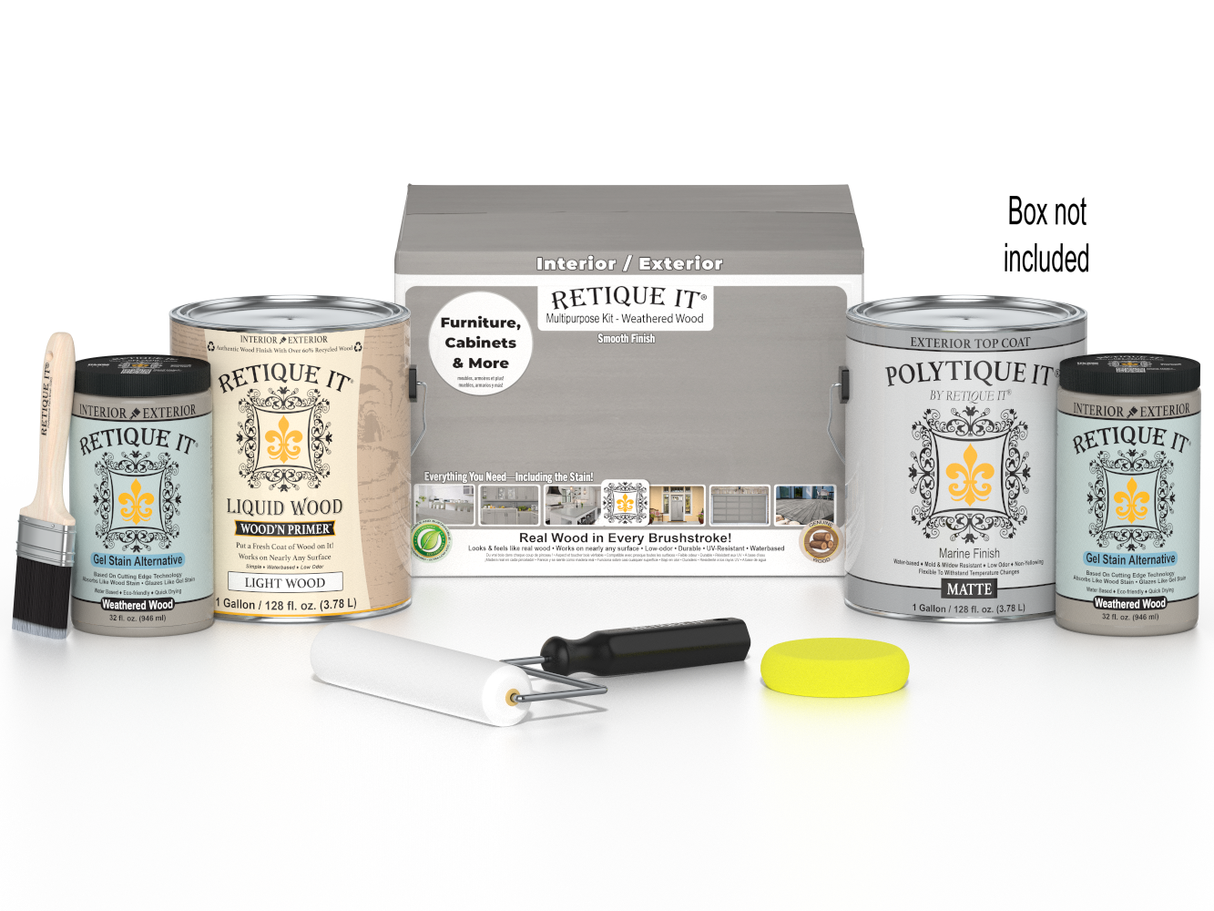 Retique It Weathered Wood Multi-purpose Smooth Finish Kit with four large exterior top coat containers for wood finishing.