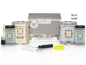 Retique It Weathered Wood Multi-purpose Smooth Finish Kit with four large exterior top coat bottles in weathered wood color.
