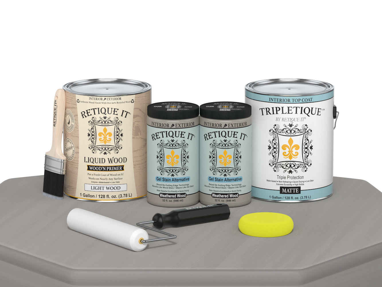 Retique It® Weathered Wood multi-purpose smooth finish kit with four large interior top coats, matte weathered wood look for furniture.