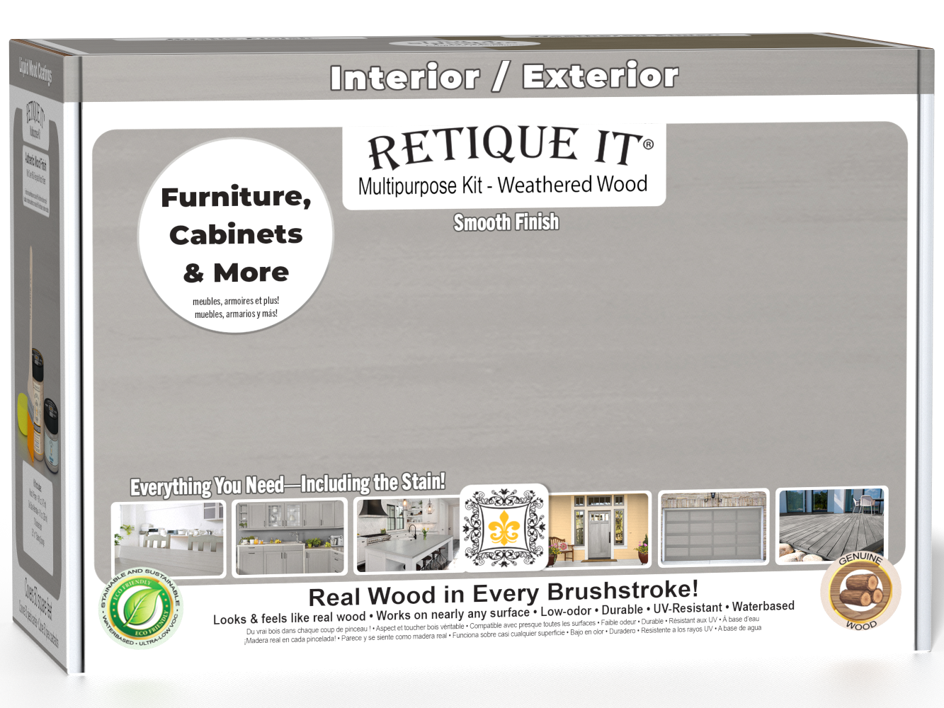 Retique It multi-purpose wood finish kit in weathered wood for exterior top coat, includes smooth finish tools and supplies.