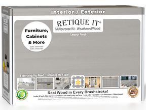 Retique It multi-purpose wood finish kit in weathered wood for exterior top coat, includes smooth finish tools and supplies.