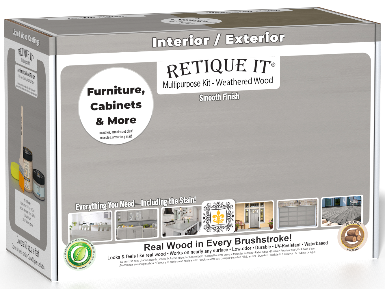 Retique It® Multi-purpose Smooth Finish Kit in Weathered Wood for interior top coating, featuring wood finish tools and materials.