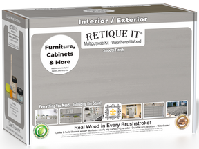Retique It Multi-purpose Smooth Finish Kit in Weathered Wood for exterior wood tops, includes tools and materials in box.
