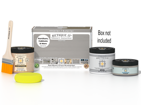 Retique It Wood'n Finish Kit in Weathered Wood for exterior top coat with smooth finish, includes applicator and product box.