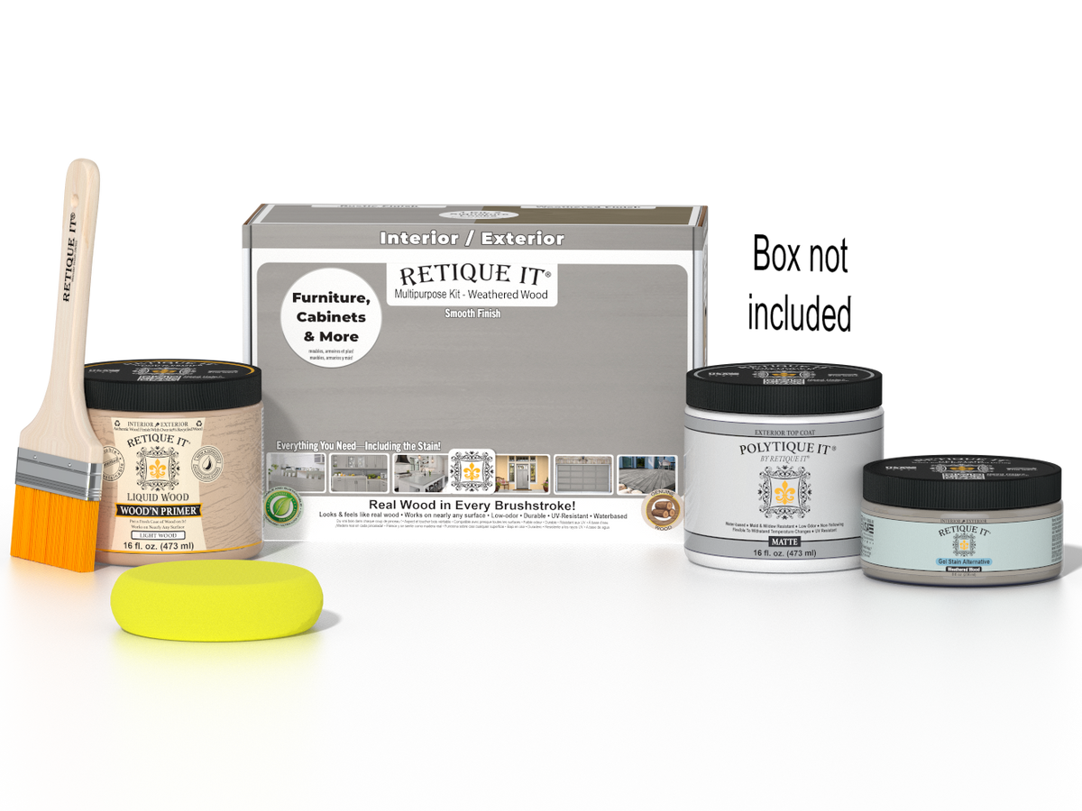 Retique It® Multi-purpose Smooth Finish Kit in Weathered Wood for exterior wood projects, includes top coat and application tools.