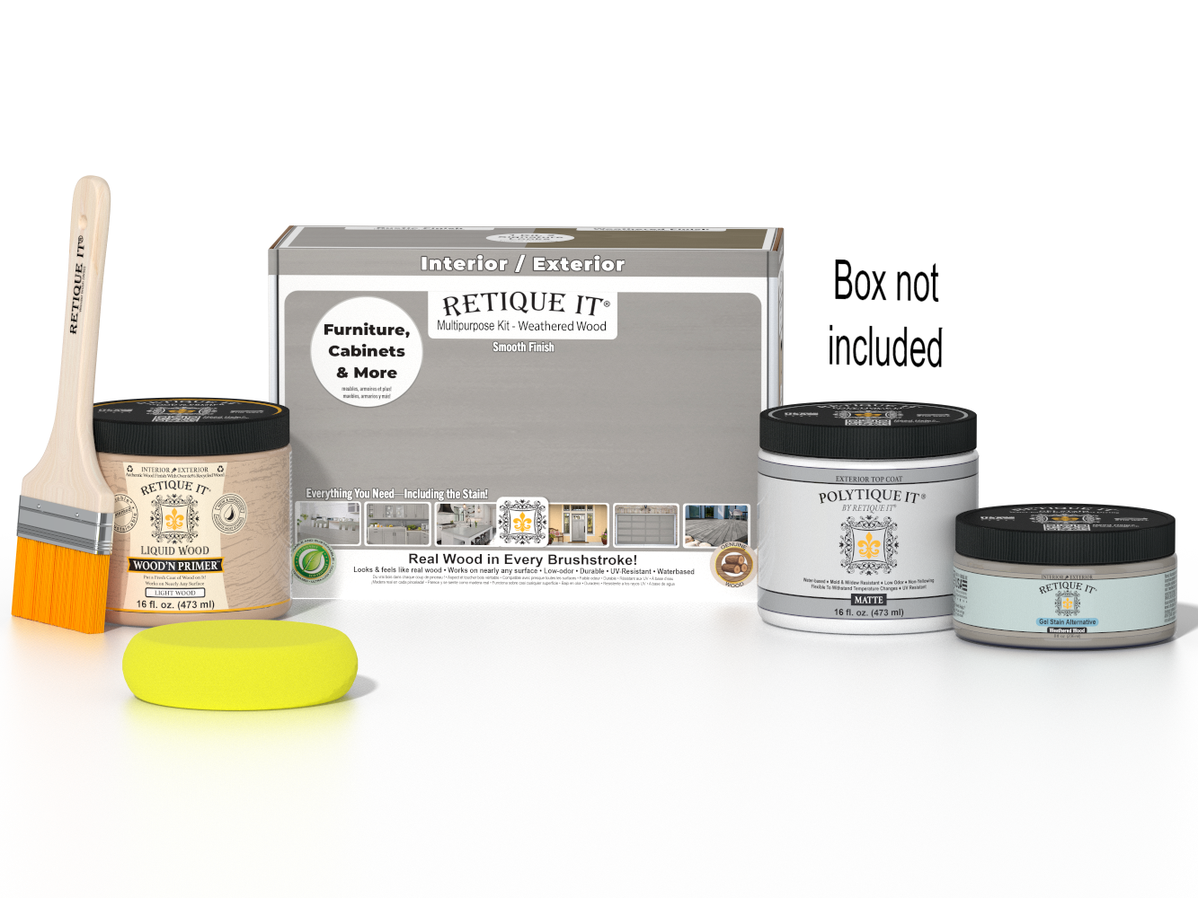 Retique It Multi-purpose Smooth Finish Kit in Weathered Wood for exterior wood projects, includes top coat and application tools.
