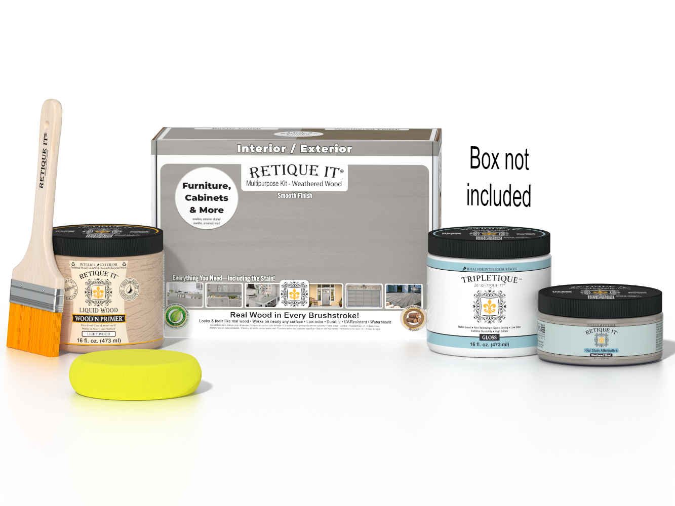 Retique It® Multi-purpose Smooth Finish Kit in Weathered Wood for interior wood projects, includes top coat and application tools.