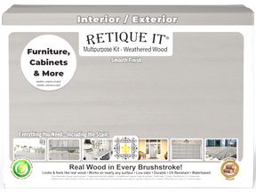 Large Weathered Wood Multi-purpose Smooth Finish Kit by Retique It® for exterior wood top coating, includes application tools and instructions.