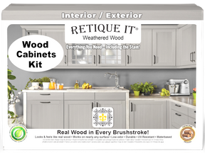Weathered wood cabinet doors from Retique It® Wood'n Cabinet Kit with 12 smooth doors for a rustic stained finish.