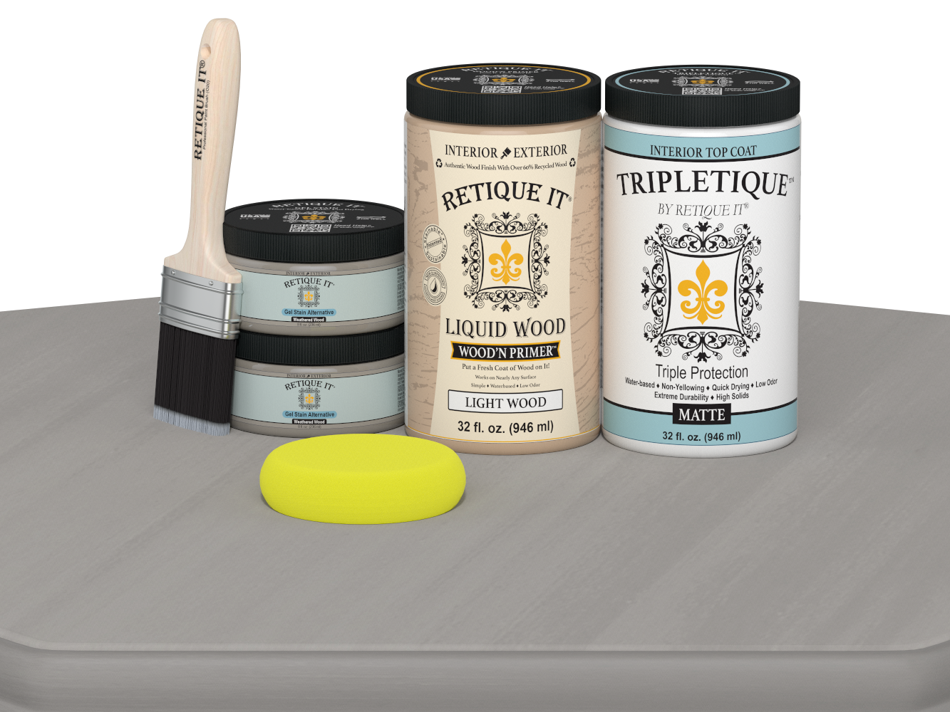 Large Weathered Wood Multi-purpose Smooth Finish Kit by Retique It® for interior wood top coating, matte finish, includes application tools.
