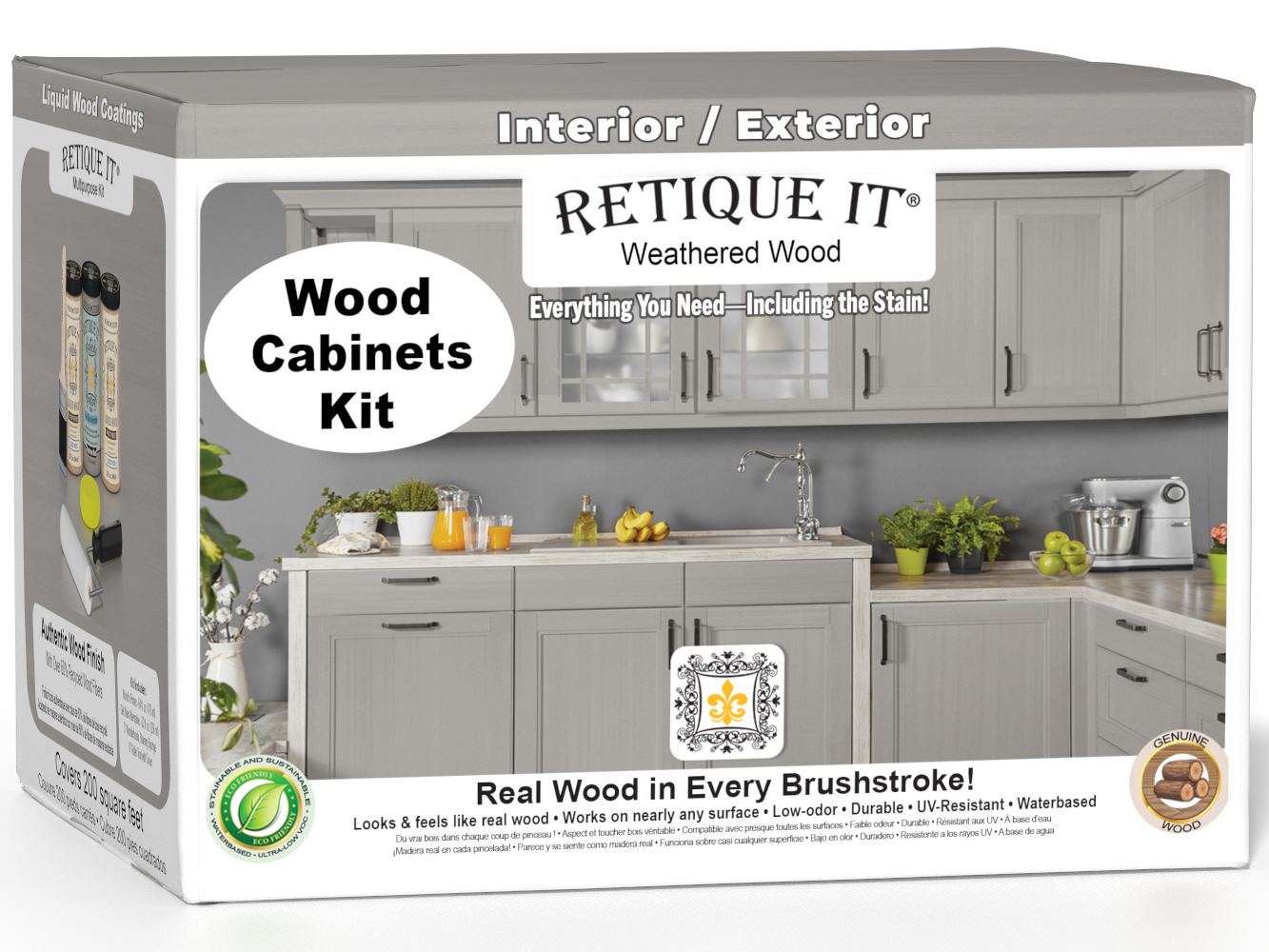 Weathered wood stained cabinet kit with 24 smooth doors by Retique It®, shown in a 3D box view.