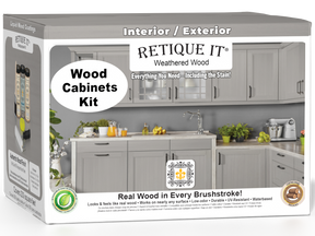 Weathered wood stained cabinet kit with 24 smooth doors by Retique It®, shown in a 3D box view.