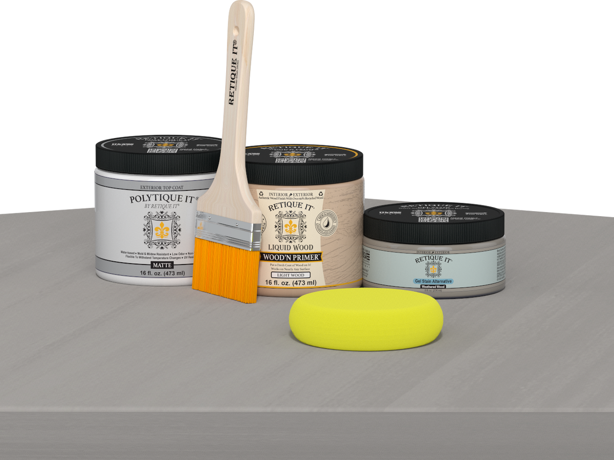 Retique It® Multi-purpose Smooth Finish Kit in Weathered Wood for exterior wood projects, includes top coat and application tools.