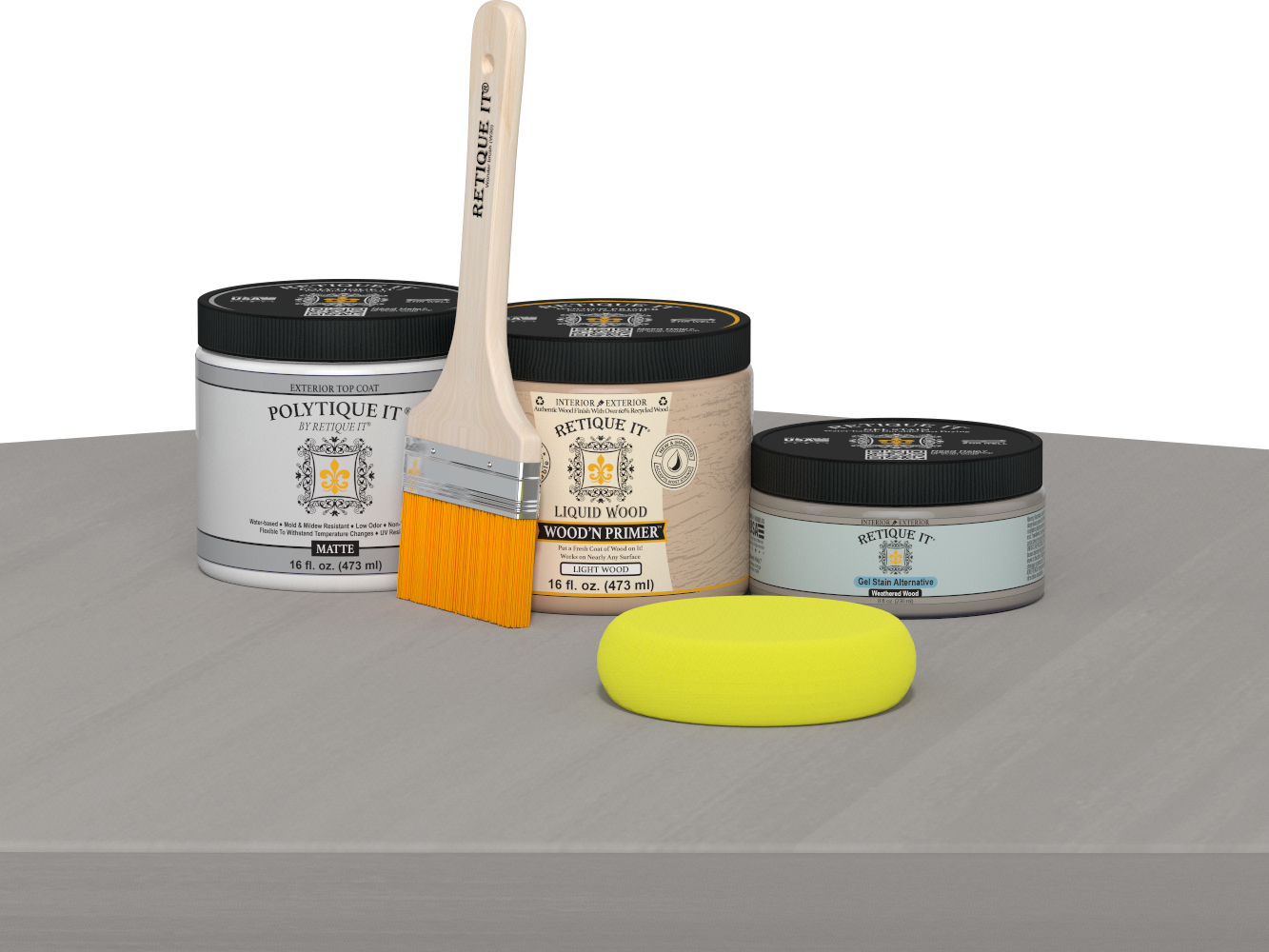 Retique It Multi-purpose Smooth Finish Kit in Weathered Wood for exterior wood projects, includes top coat and application tools.