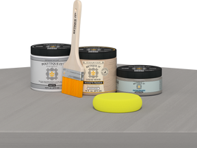 Retique It Multi-purpose Smooth Finish Kit in Weathered Wood for exterior wood projects, includes top coat and application tools.