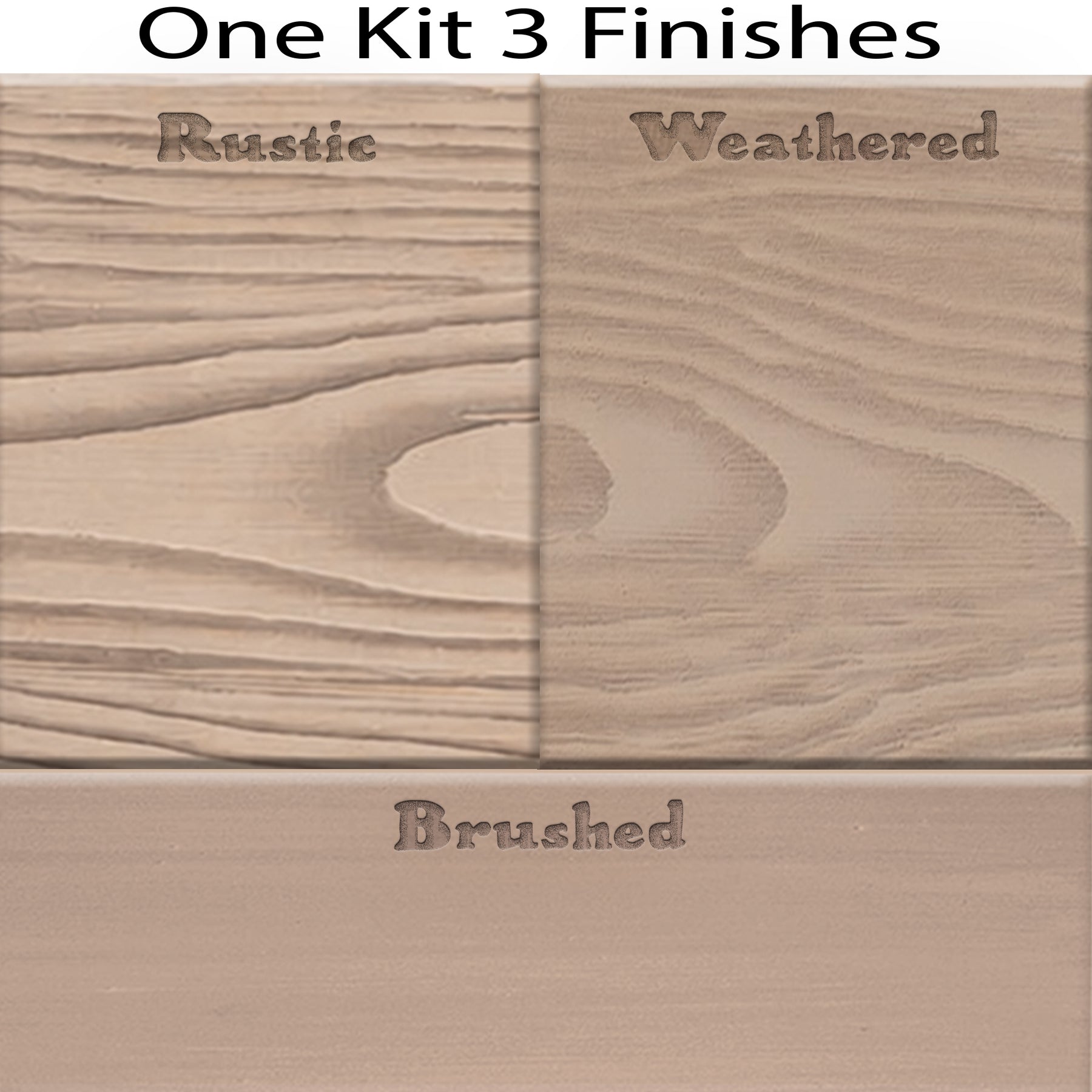 Swatch of Retique It® Wood'n Finish Kit in French Oak, showing three interior top coat finishes on wood sample.