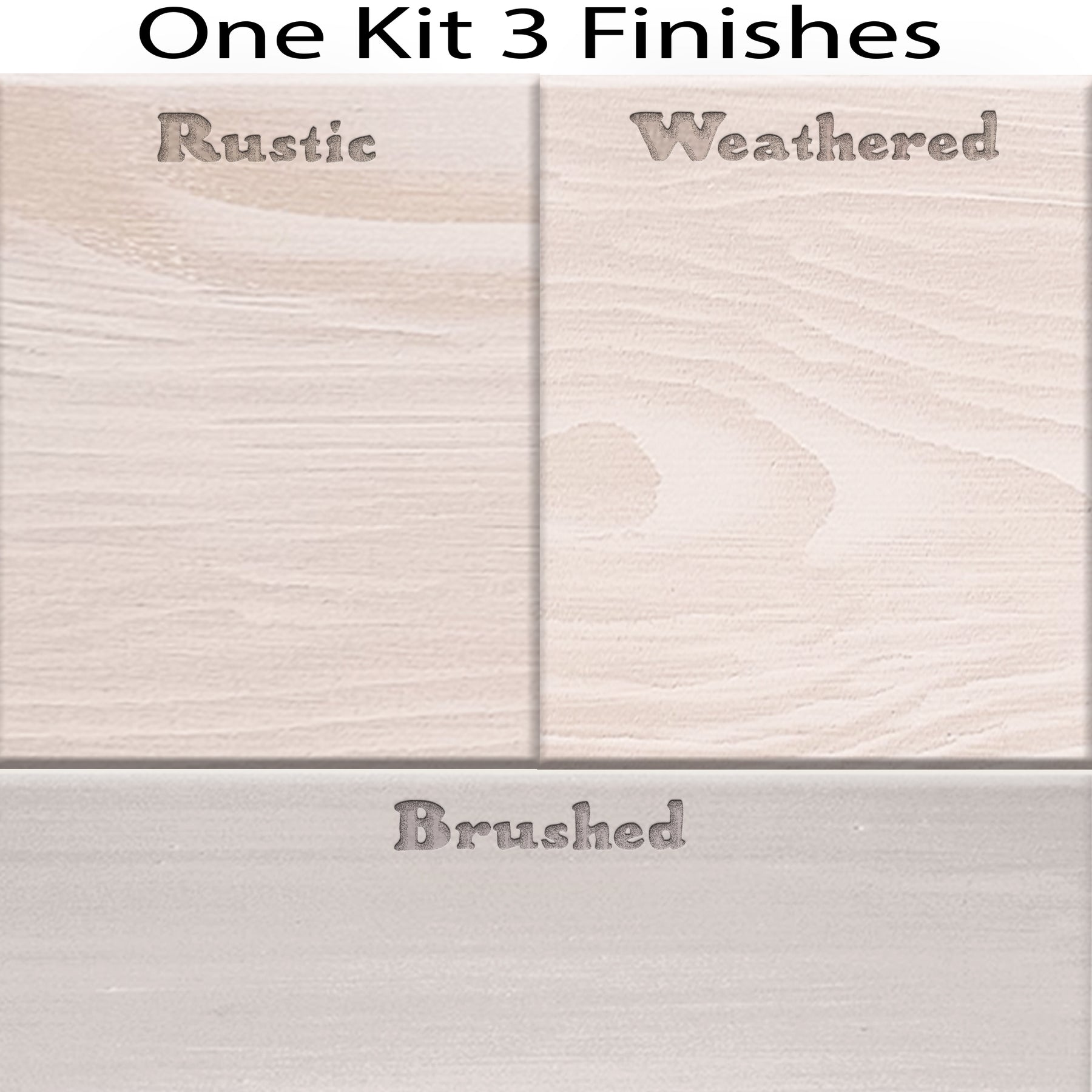 Swatch image showing three wood stain finishes for Wood'n Cabinet Kit by Retique It® in white wash with grained wood texture.