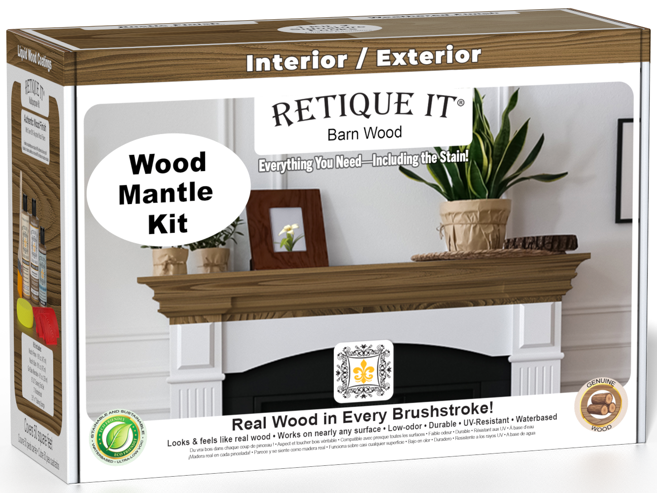 Modern walnut wood stain kit for fireplace mantels by Retique It®, showcasing a finished wood mantel with rich walnut color.