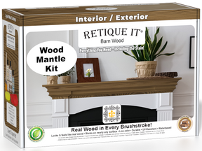 Modern walnut wood stain kit for fireplace mantels by Retique It®, showcasing a finished wood mantel with rich walnut color.