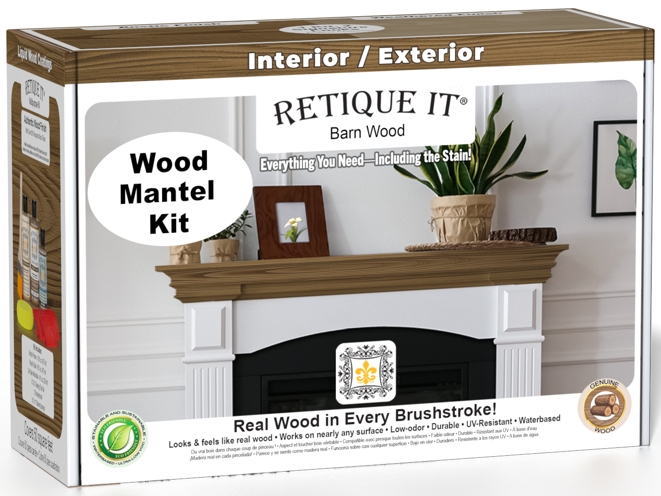 Retique It Fireplace Mantel Wood'n Finish Kit in Barn Wood stain, showcasing the wood finish and application tools for fireplace mantels.