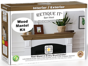 Retique It Fireplace Mantel Wood'n Finish Kit in Barn Wood stain, showcasing the wood finish and application tools for fireplace mantels.