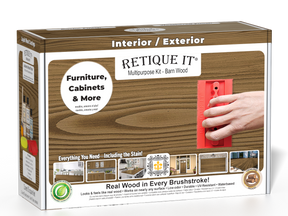 Retique It® Wood'n Finish Kit in barn wood style, featuring a kit box with wood finish supplies for multi-purpose woodworking projects.