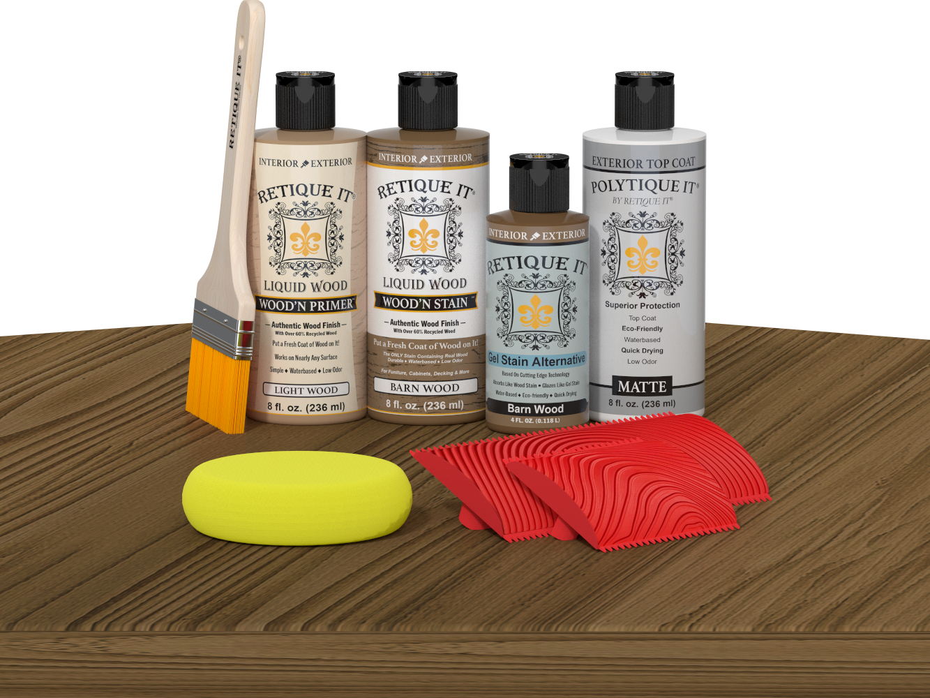 Retique It Wood'n Finish Kit in Barn Wood with exterior topcoat, featuring wood panels and finishing tools on a table surface.