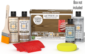 Retique It Wood'n Finish Kit in Barn Wood exterior topcoat with brushes and applicator tools on a box display.