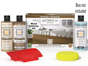 Retique It® Wood'n Finish Kit in Modern Walnut for tabletops, featuring stains and finishing supplies displayed with a wooden surface and box.