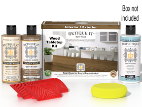 Retique It® Wood'n Finish Kit for tabletops in modern walnut stain, featuring wood stain and finishing supplies for wood projects.
