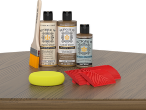 Retique It® Wood'n Finish Kit for tables in modern walnut stain, featuring natural wood tones and stain application tools.