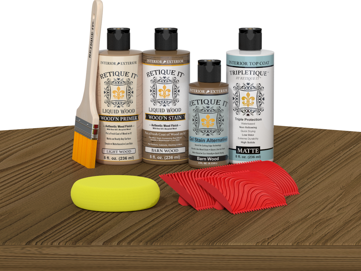 Retique It® Barn Wood Wood'n Kit with Light Wood primer, Barn Wood stain, Barn Wood gel stain alternative, Matte Tripletique® Top Coat, brush, red graining tool, and yellow sponge.